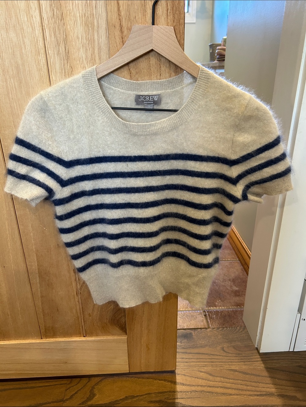 J. Crew Cream & Navy Striped Short-Sleeve cashmere Crew Sweater